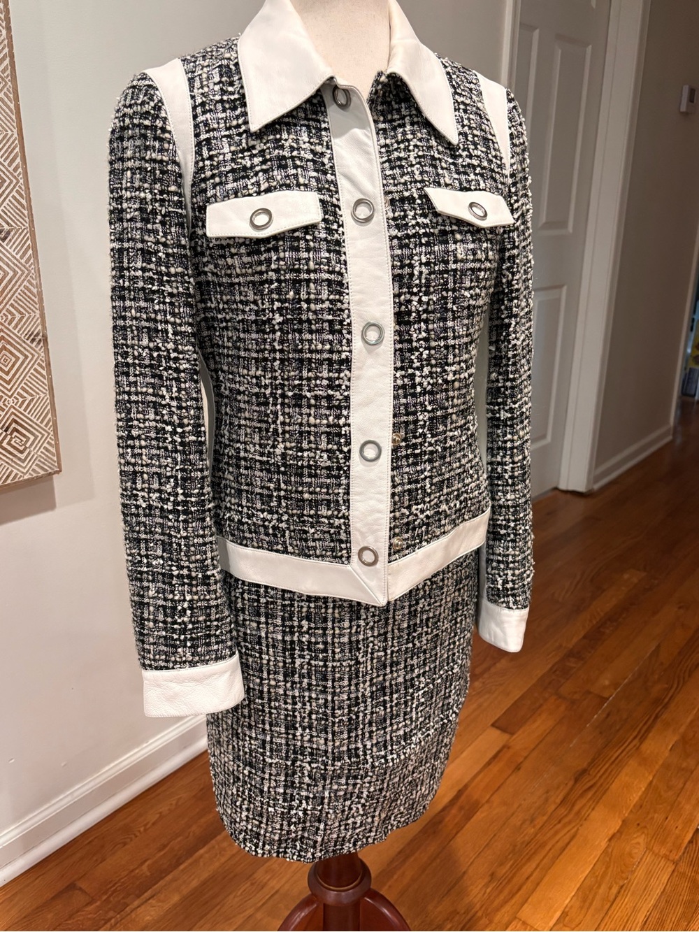 Vintage Tesori Black Ivory Tweed Leather Trim Jacket Dress Suit Wool Blend